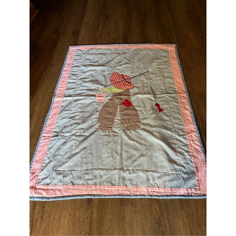 Vintage Handmade Plaid Fishing Child Quilt Blanket Decor 49”x37” Multi Color EUC